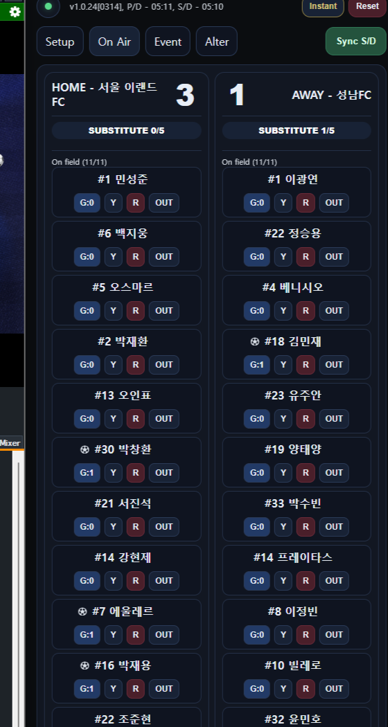 선수 교체 및 스코어 데이터 운영 패널